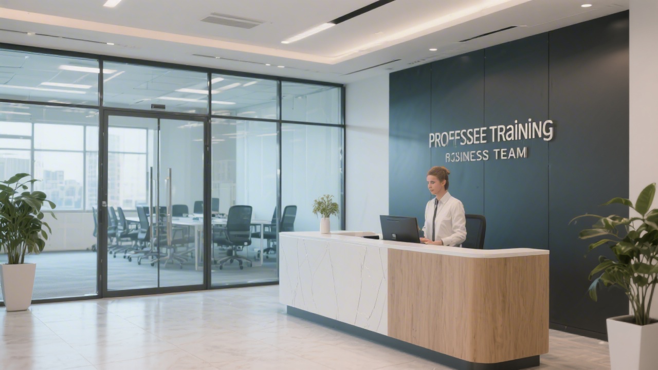 Modern office lobby with glass walls and a welcoming reception desk, representing a professional training environment for business teams.