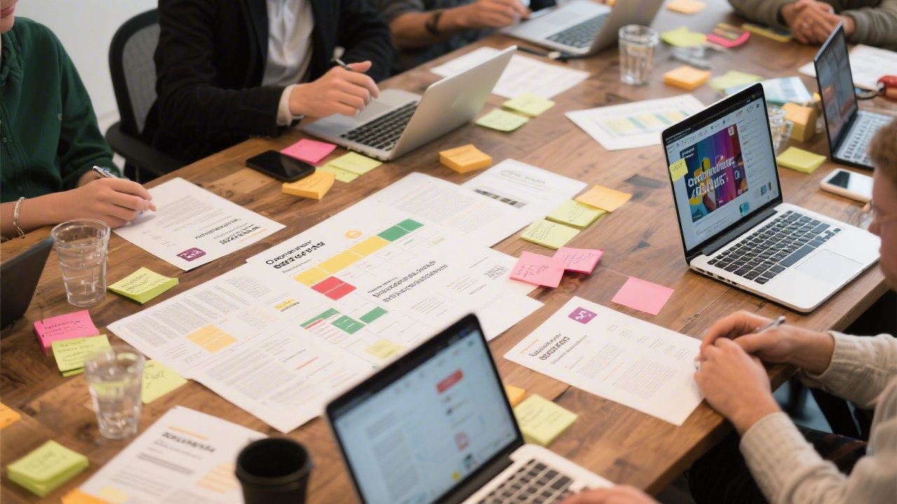 Workshop table with printed campaign briefs, sticky notes, and laptops open to ad platforms, showing a collaborative planning session.