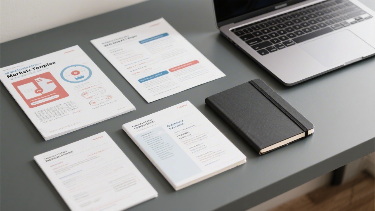 Tabletop view of printed marketing templates, campaign briefs, and notebooks beside a laptop, representing structured learning materials.